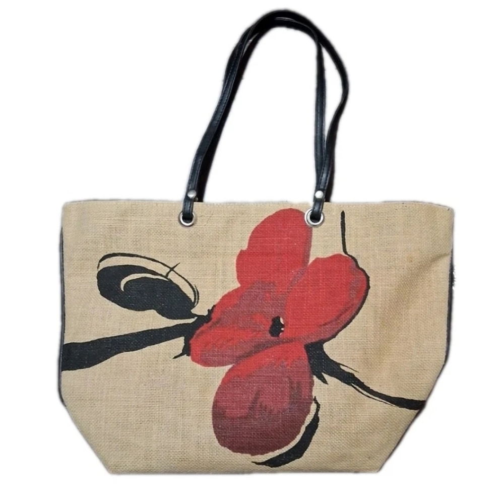 NATURAL Burlap Jute Floral Hand-Painted Tote Bag NWT - Picture 8 of 8